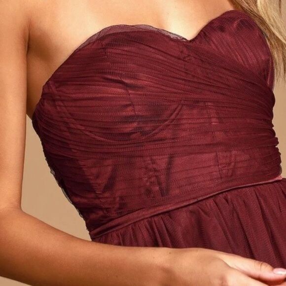 Lulus Twirl Burgundy Tulle Strapless Skater Dress size small - Picture 3 of 10
